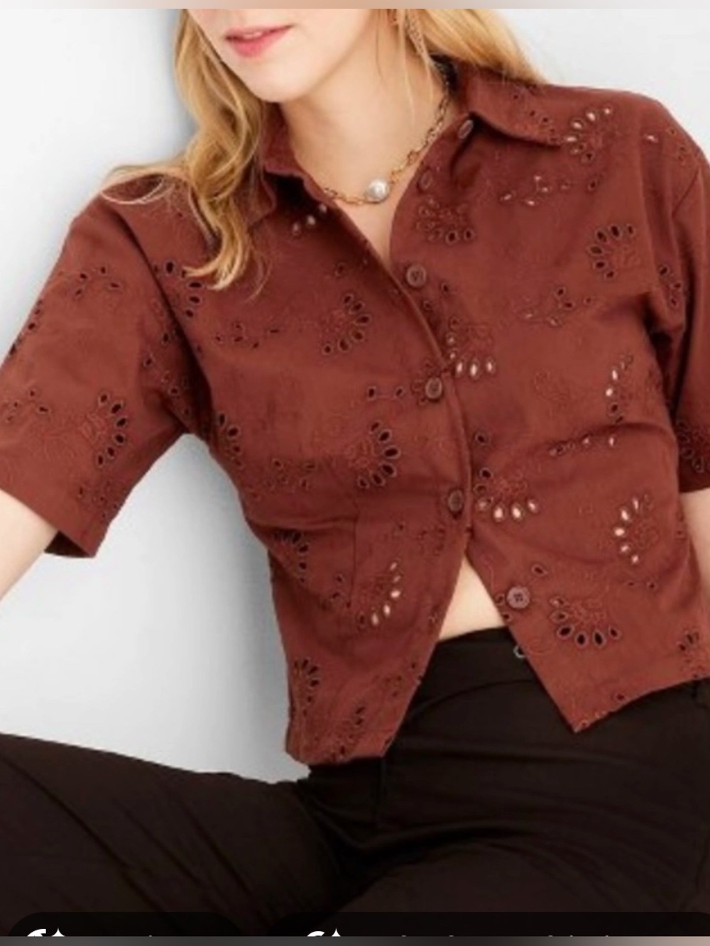 Future Collective Short-Sleeve Brown Eyelet Button-Down Shirt Size XL